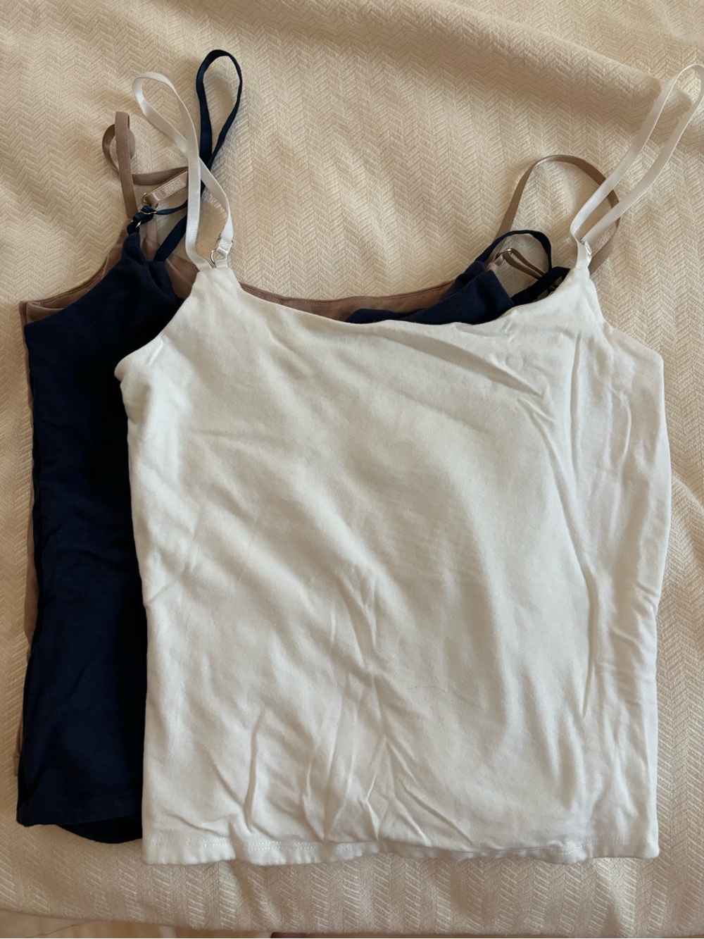 Set of 3 Cotton Stretch Cami Tank Tops - White, Tan, & Navy